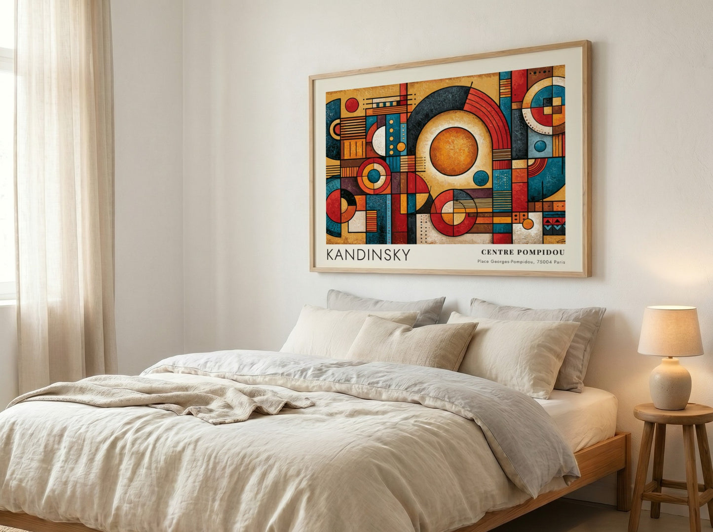 Wall art poster featuring Kandinsky geometric abstract shapes in red, blue, and gold tones.