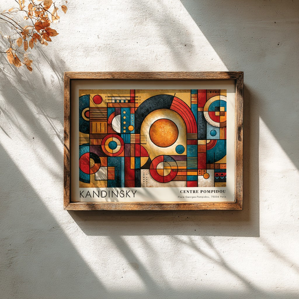 Wall art poster featuring Kandinsky geometric abstract shapes in red, blue, and gold tones.