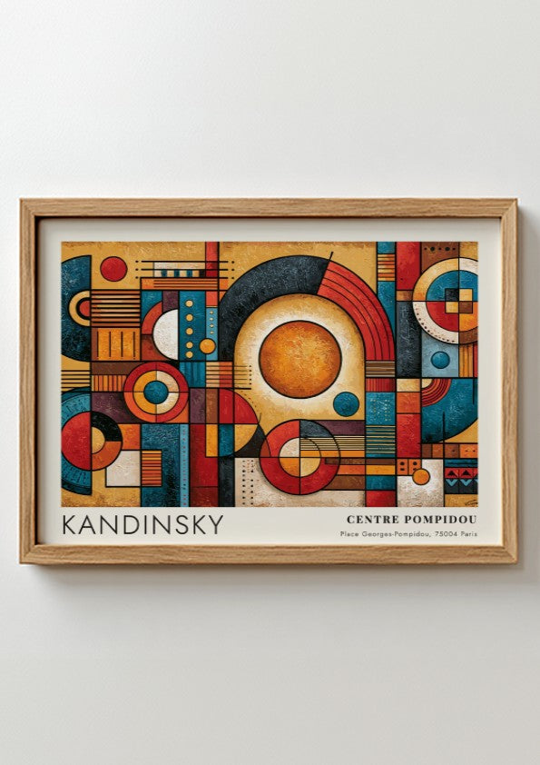 Wall art poster featuring Kandinsky geometric abstract shapes in red, blue, and gold tones.