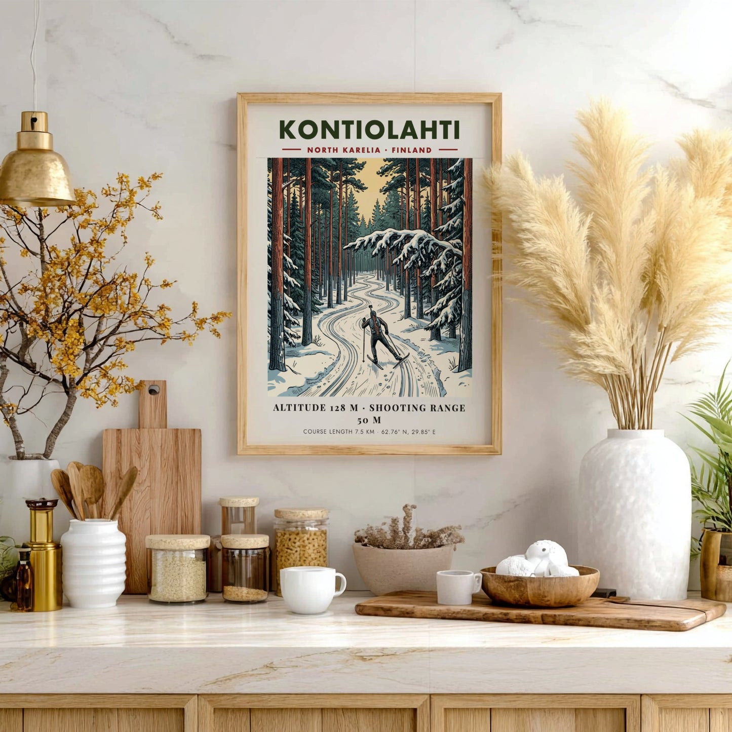 Poster of a biathlete skiing through a snowy Finnish pine forest in Kontiolahti.