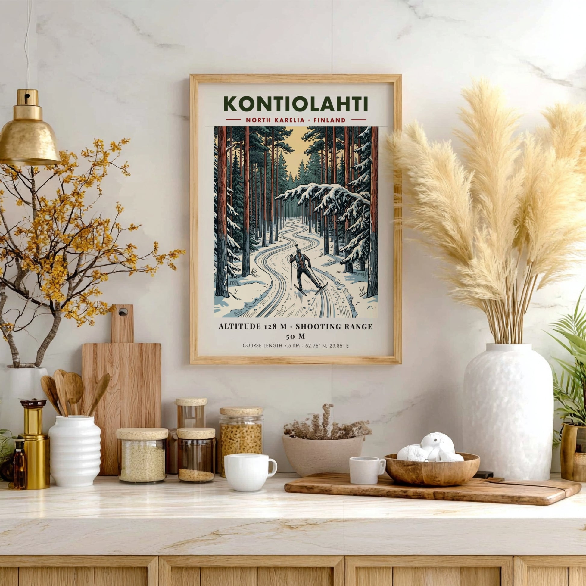 Poster of a biathlete skiing through a snowy Finnish pine forest in Kontiolahti.