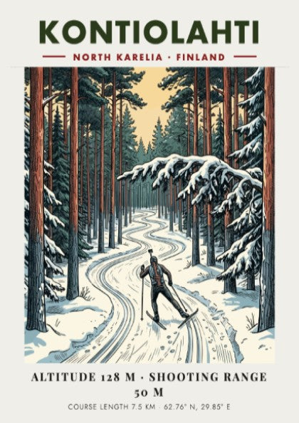 Poster of a biathlete skiing through a snowy Finnish pine forest in Kontiolahti.