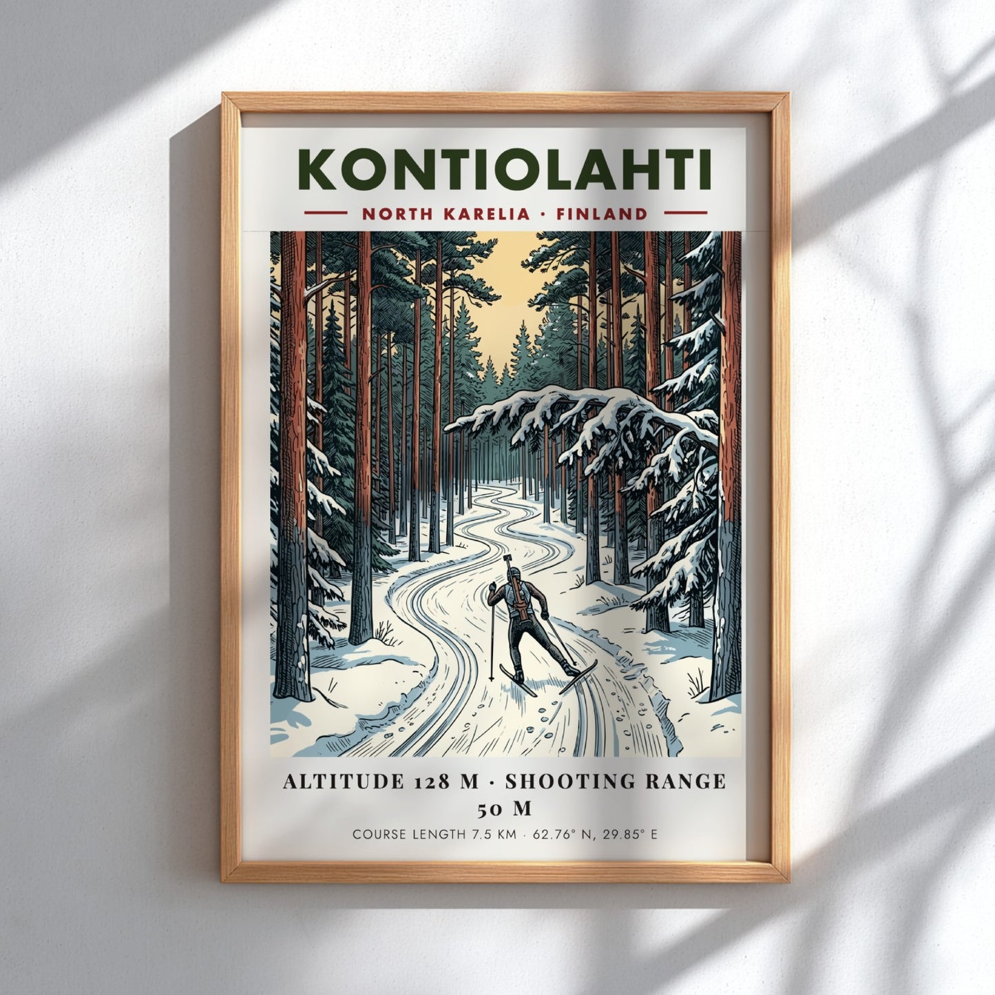 Poster of a biathlete skiing through a snowy Finnish pine forest in Kontiolahti.