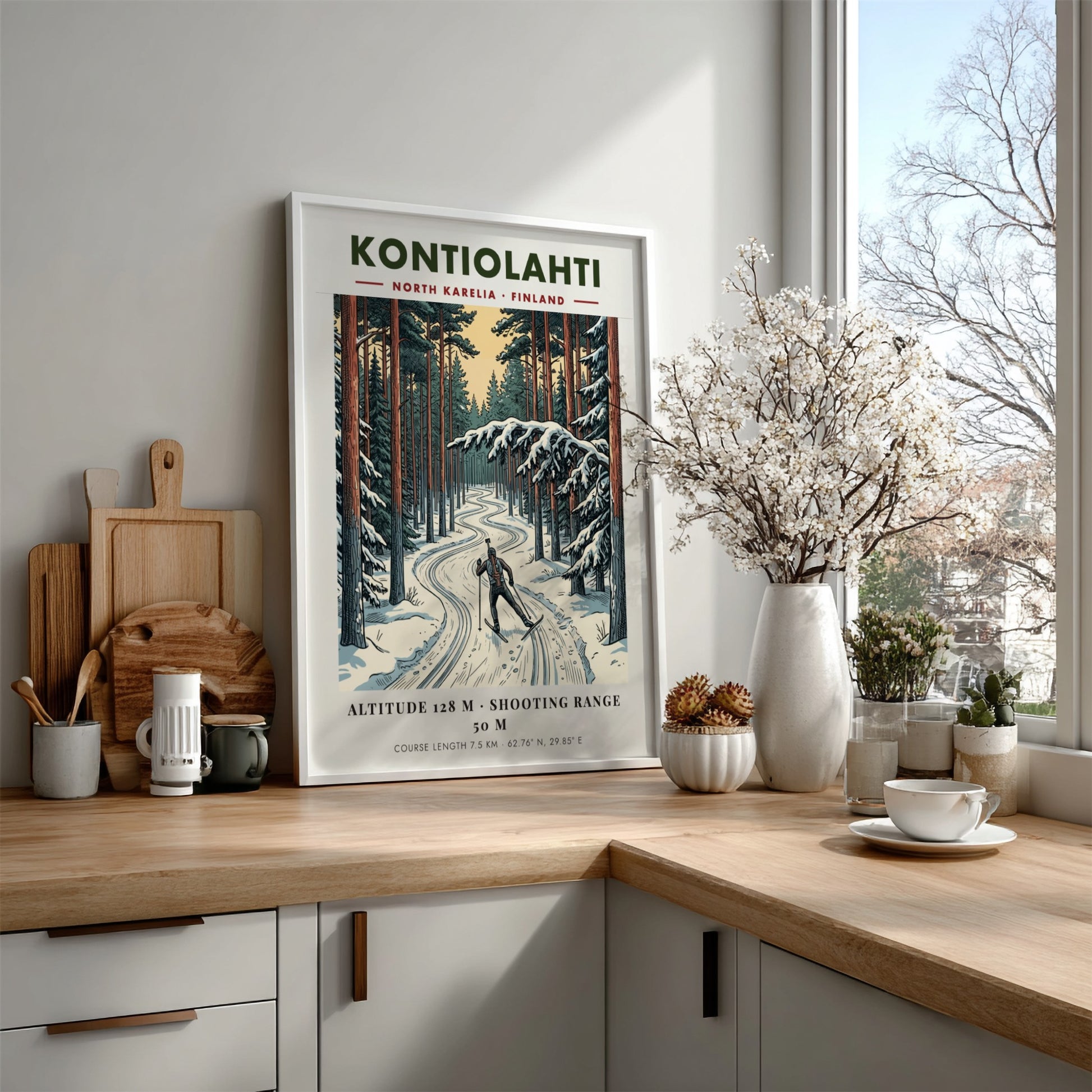 Poster of a biathlete skiing through a snowy Finnish pine forest in Kontiolahti.