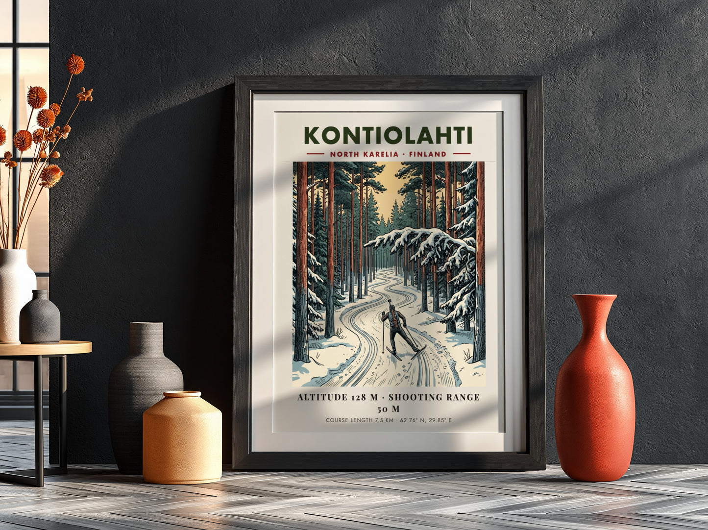 Poster of a biathlete skiing through a snowy Finnish pine forest in Kontiolahti.