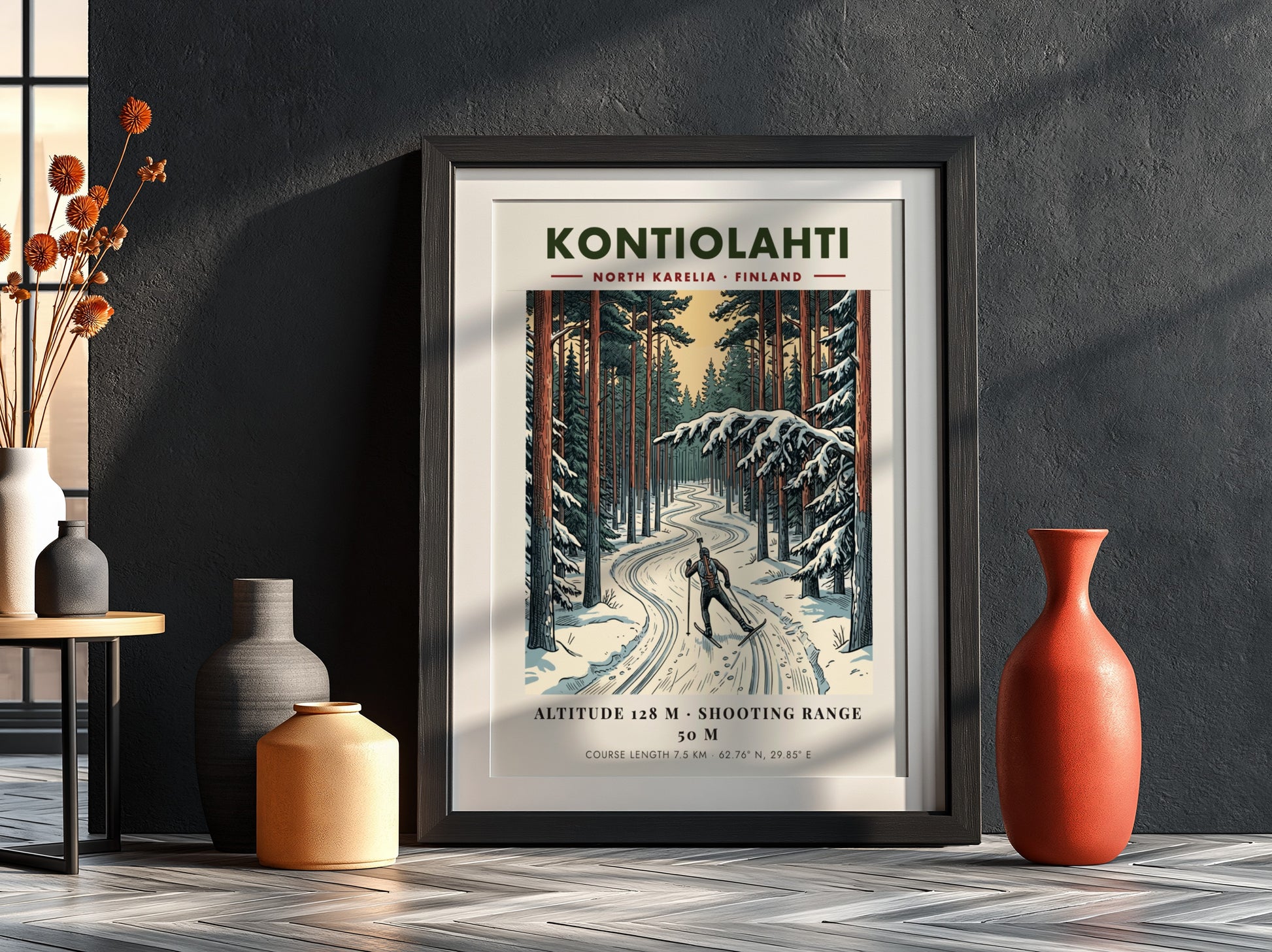 Poster of a biathlete skiing through a snowy Finnish pine forest in Kontiolahti.