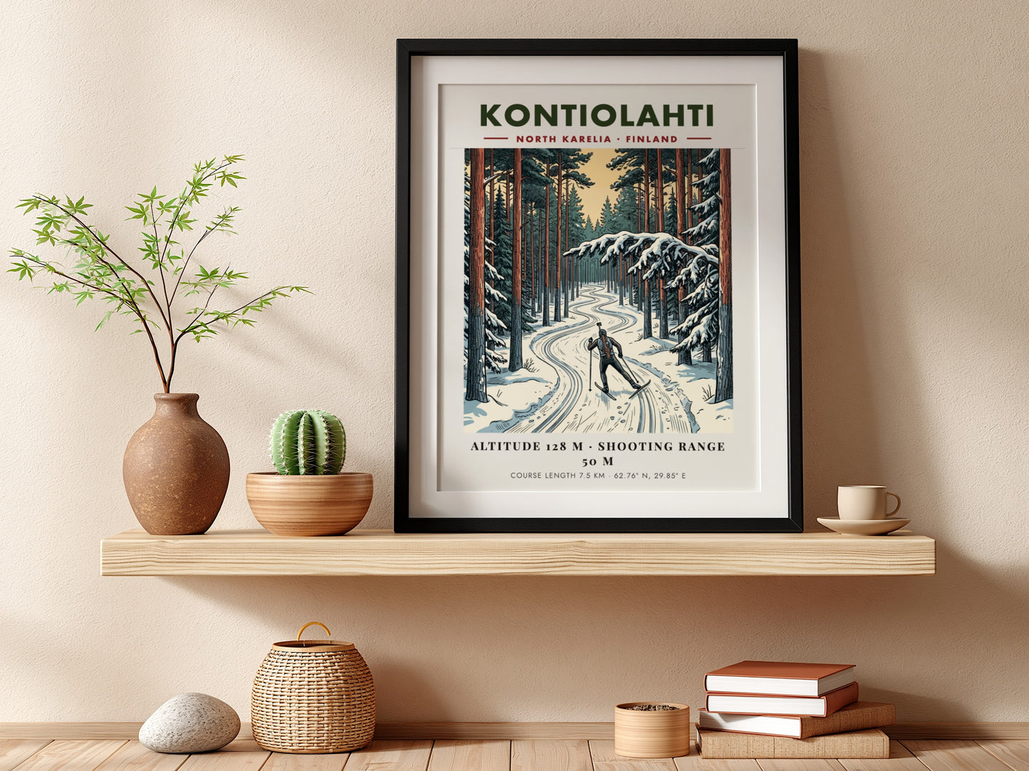 Poster of a biathlete skiing through a snowy Finnish pine forest in Kontiolahti.