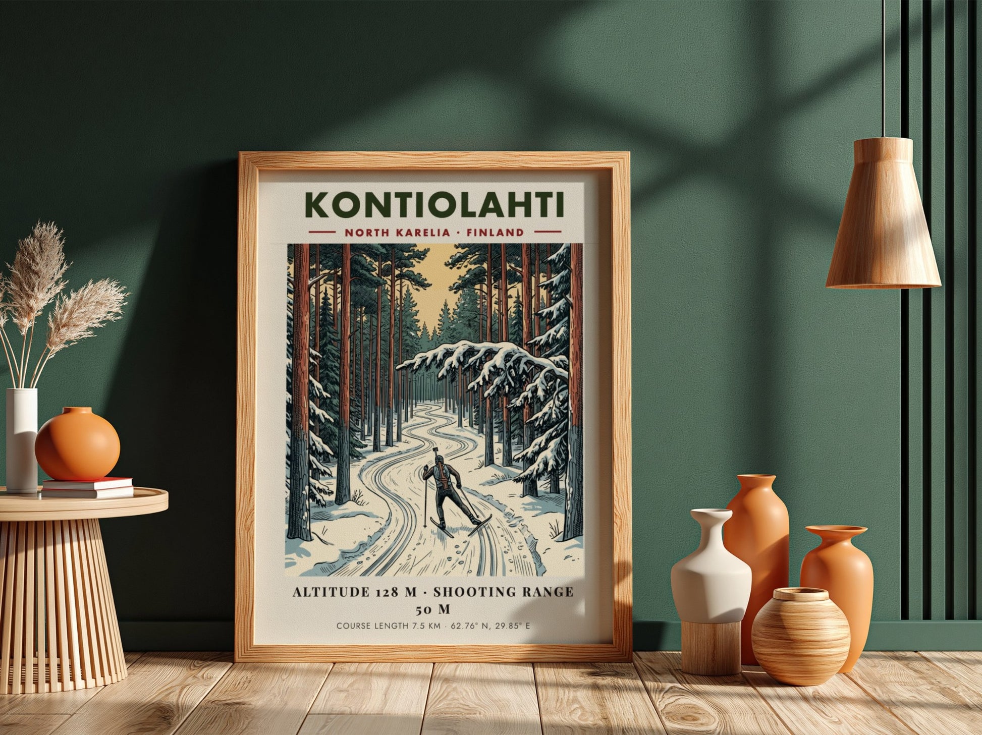 Poster of a biathlete skiing through a snowy Finnish pine forest in Kontiolahti.