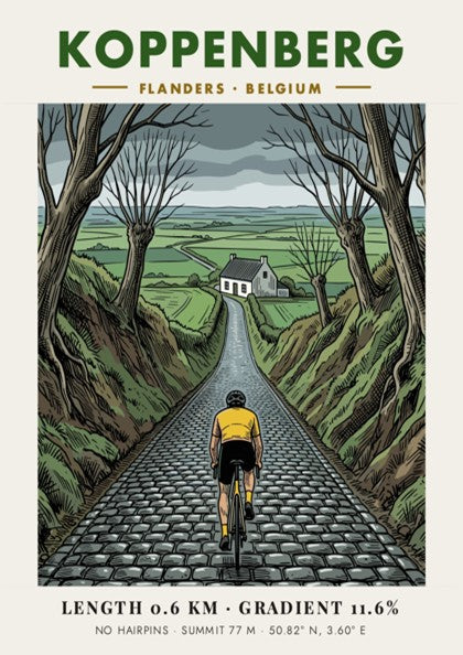 Cycling poster featuring a yellow jersey rider ascending the cobblestone Koppenberg hill in Belgium.