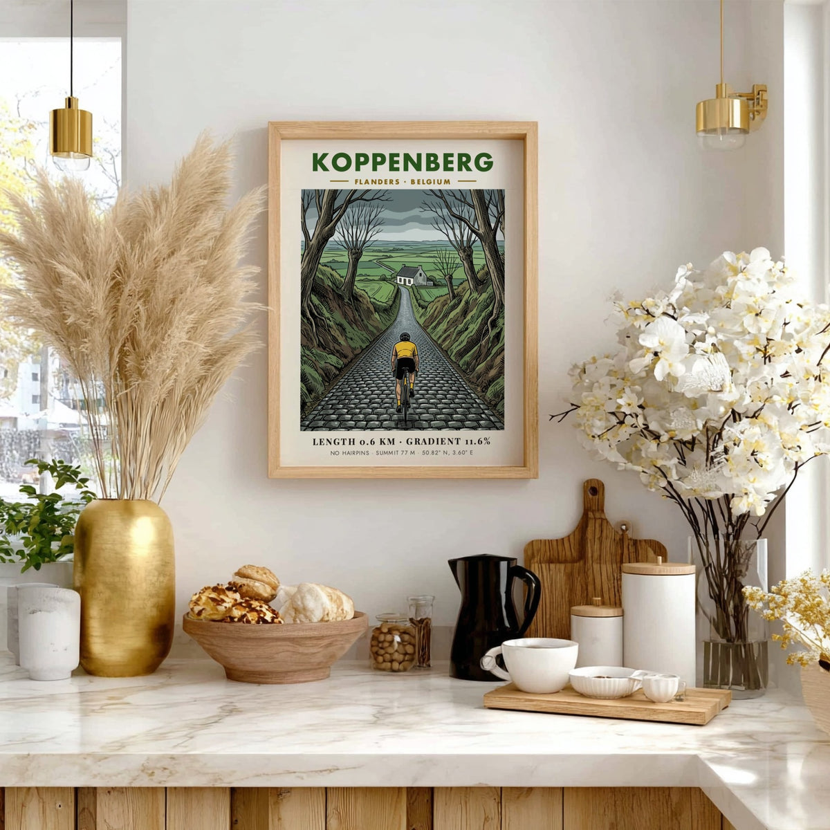 Cycling poster featuring a yellow jersey rider ascending the cobblestone Koppenberg hill in Belgium.
