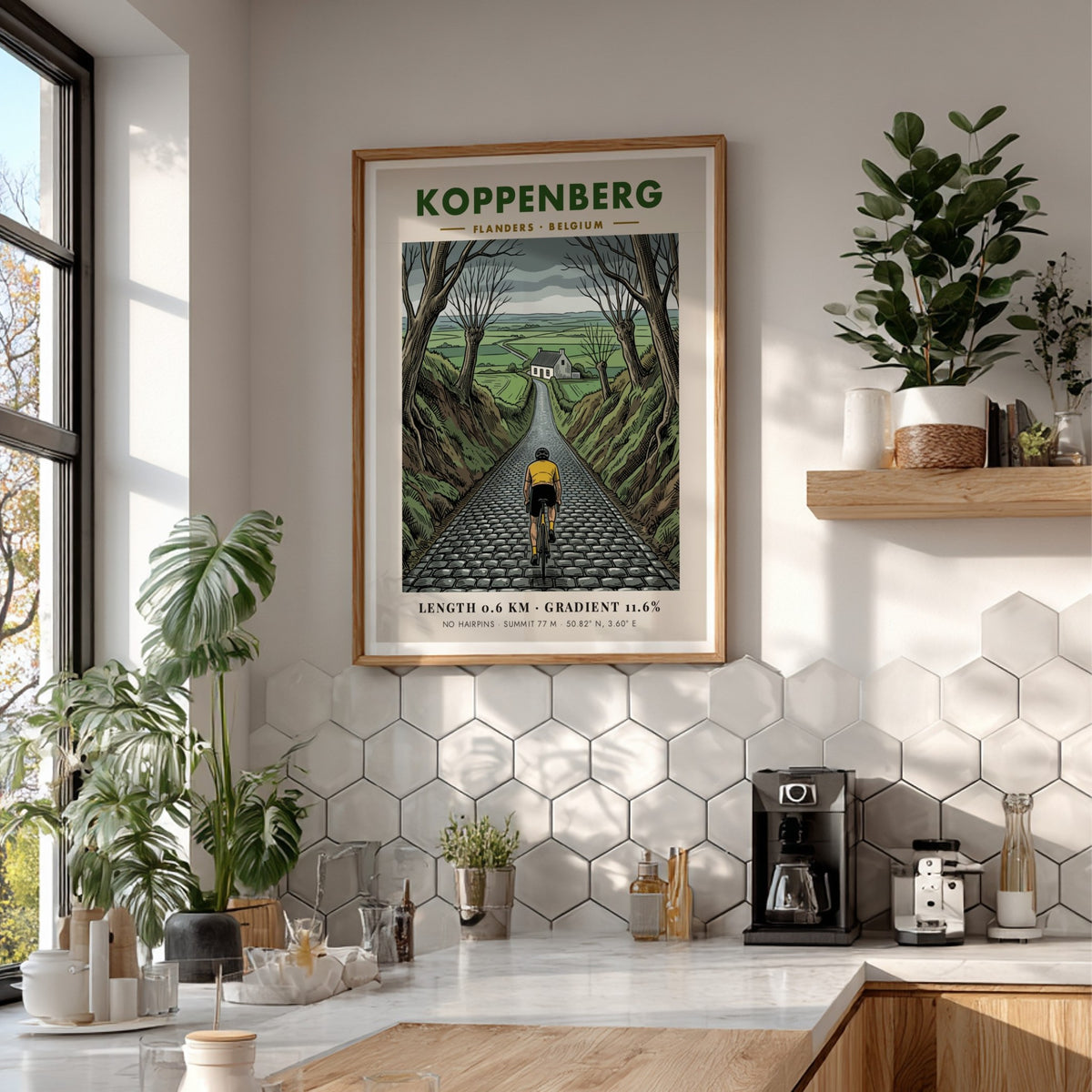 Cycling poster featuring a yellow jersey rider ascending the cobblestone Koppenberg hill in Belgium.
