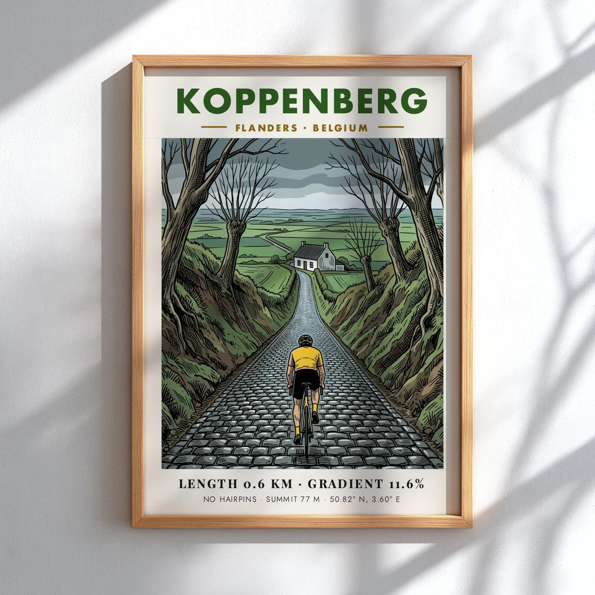 Cycling poster featuring a yellow jersey rider ascending the cobblestone Koppenberg hill in Belgium.