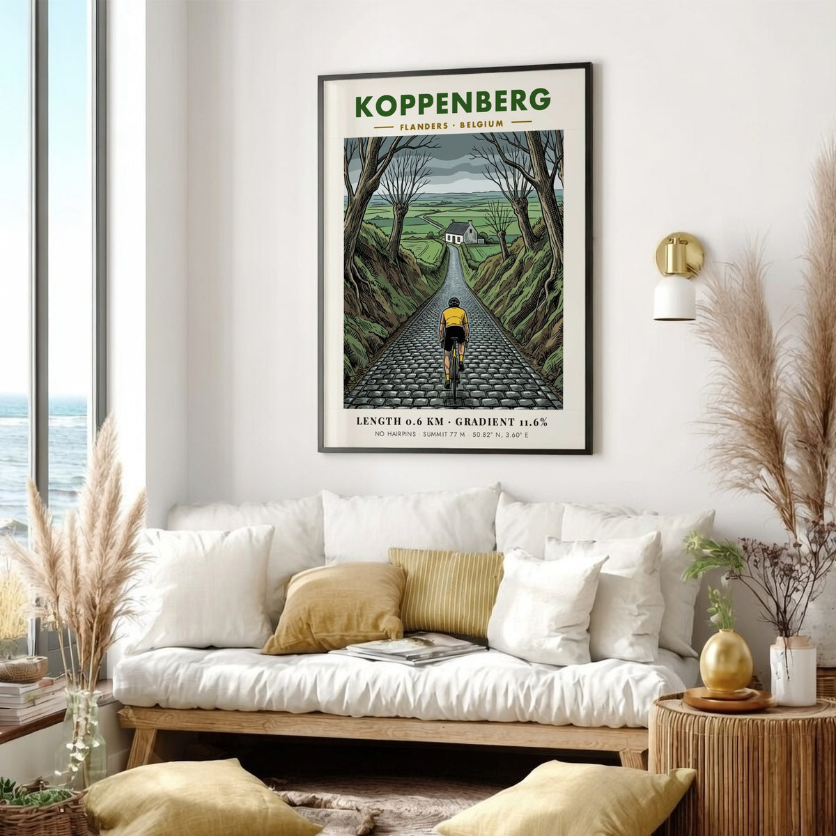 Cycling poster featuring a yellow jersey rider ascending the cobblestone Koppenberg hill in Belgium.