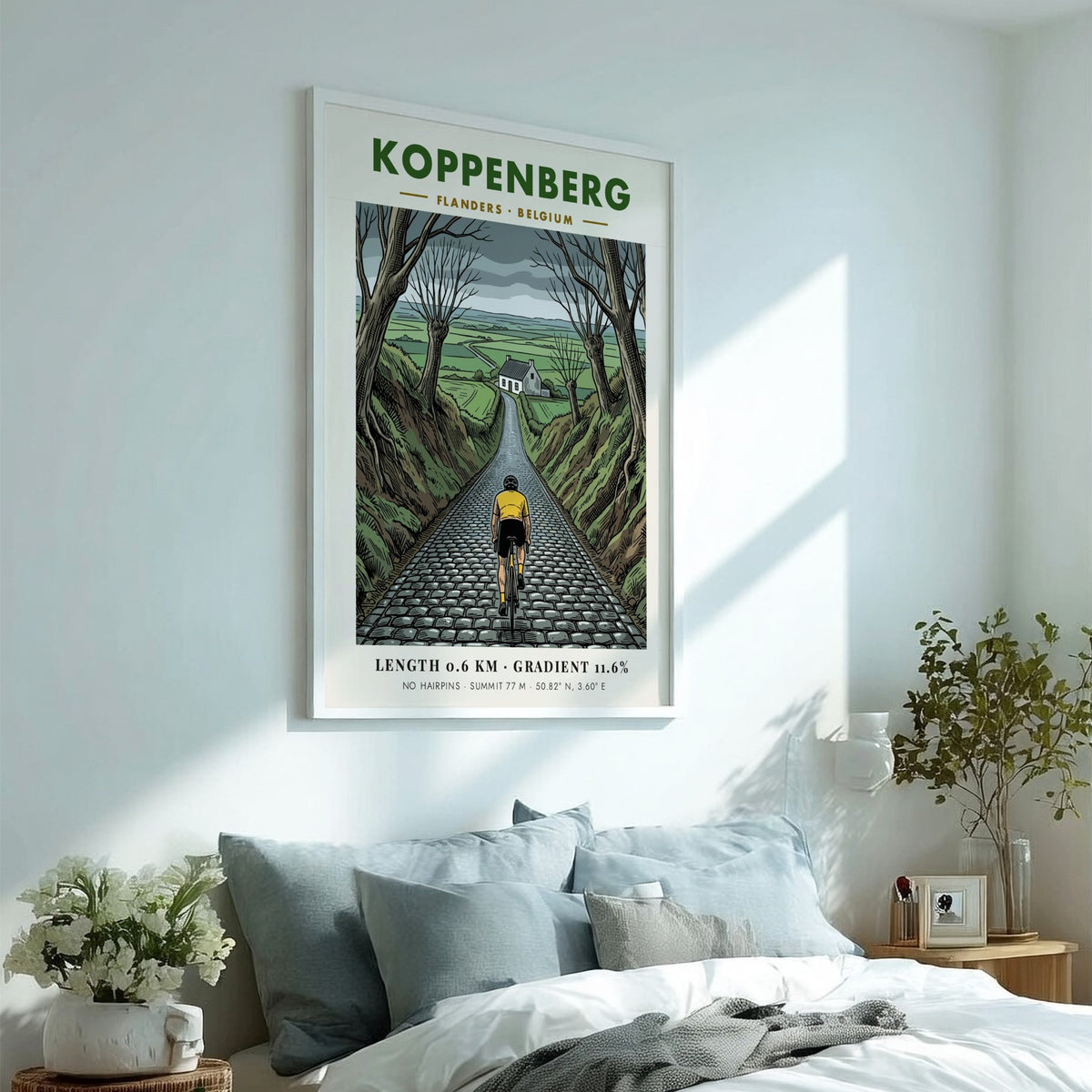 Cycling poster featuring a yellow jersey rider ascending the cobblestone Koppenberg hill in Belgium.