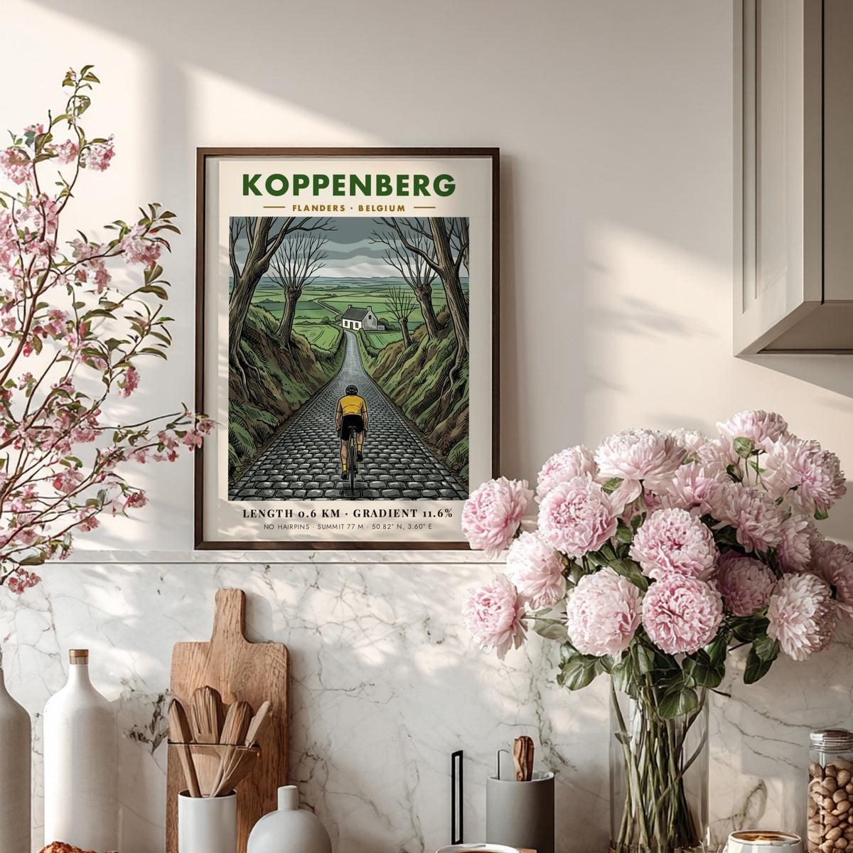 Cycling poster featuring a yellow jersey rider ascending the cobblestone Koppenberg hill in Belgium.