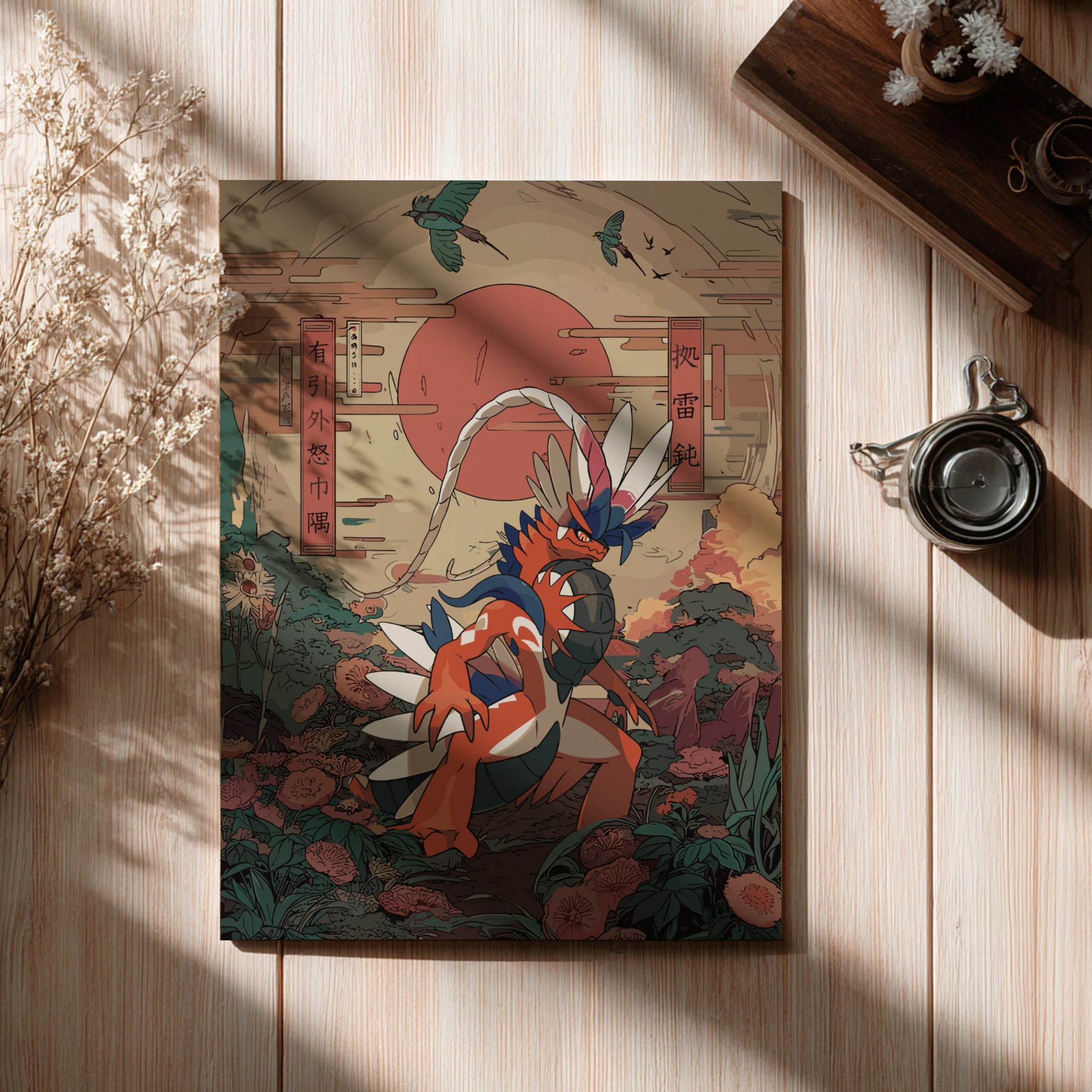 Wooden board with a colorful Koraidon Pokemon design on a wooden surface with a cup and dried plants.