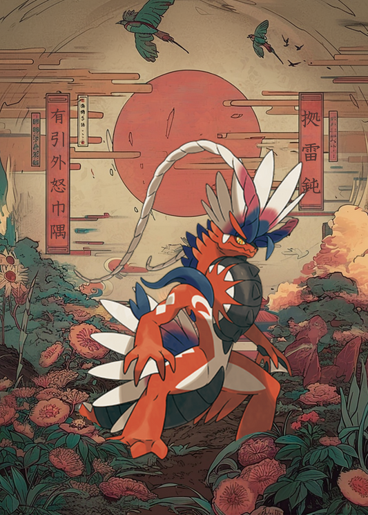 Koraidon Pokemon character design in a fantasy setting with a sun and mountains in the background.