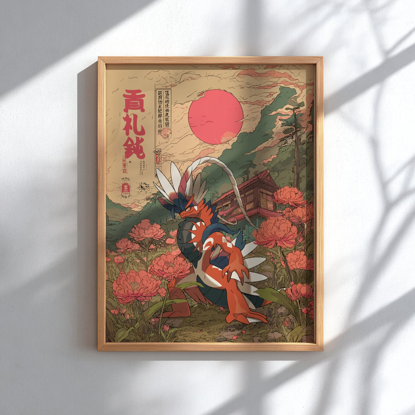 Framed artwork with Koraidon Pokemon and floral design on a white wall