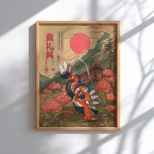 Framed artwork with Koraidon Pokemon and floral design on a white wall