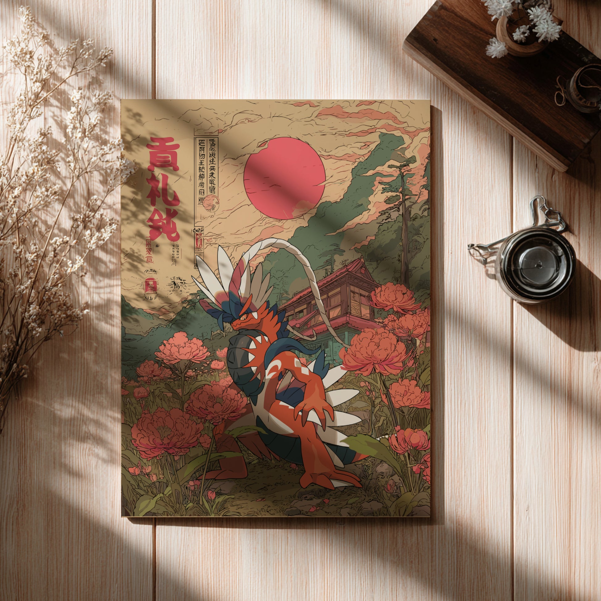 Decorative poster with Koraidon Pokemon design on a wooden surface