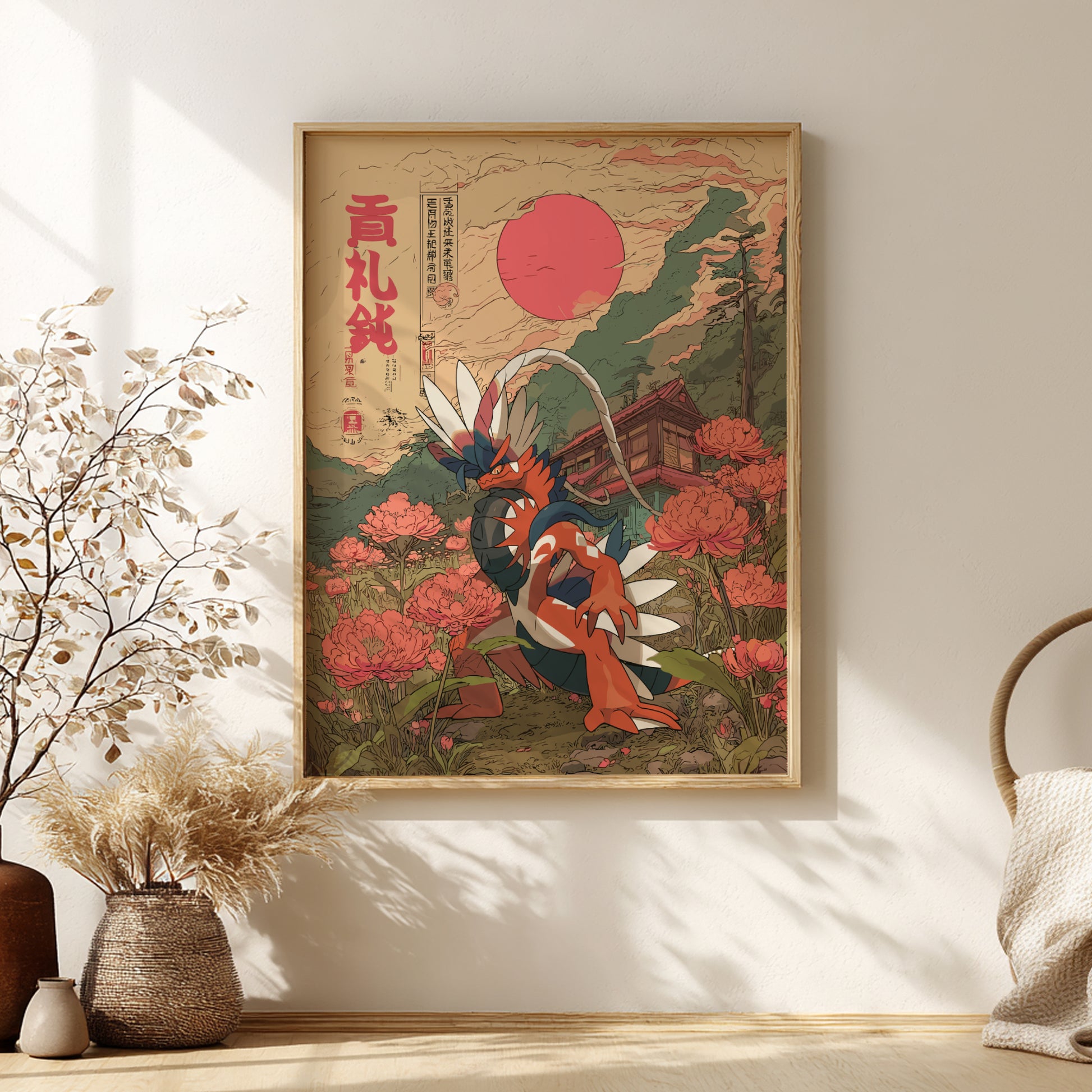 Framed artwork with Koraidon Pokemon and floral design on a wall in a room with natural light.
