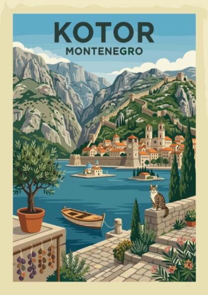 Kotor Montenegro travel poster featuring a stylized illustration of the walled city, mountains, and bay.