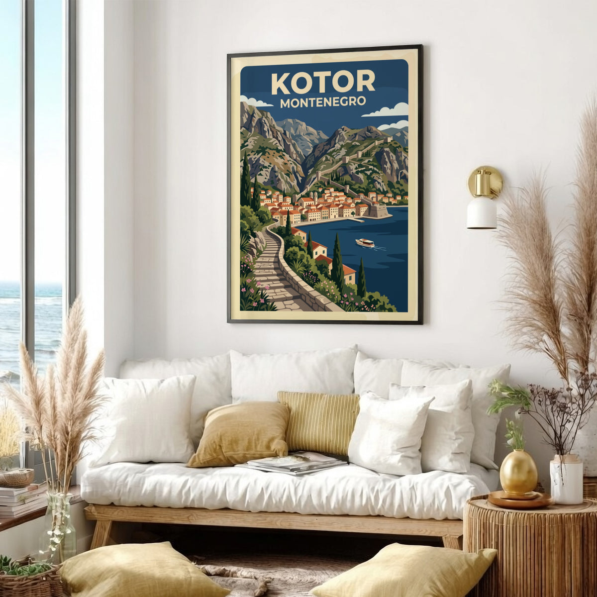 Travel poster of Kotor Montenegro featuring stone stairs, terracotta buildings, mountains, and boats.