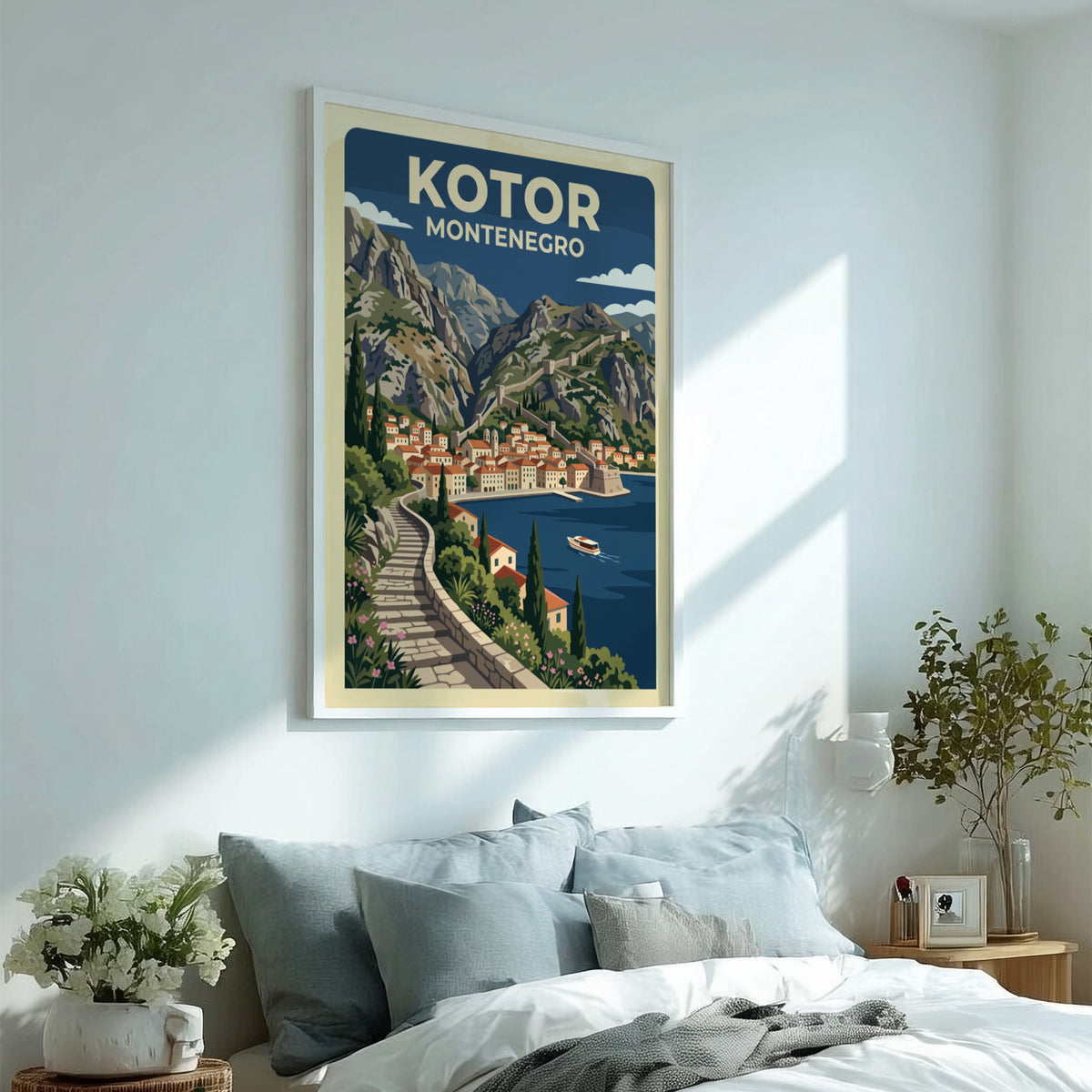 Travel poster of Kotor Montenegro featuring stone stairs, terracotta buildings, mountains, and boats.