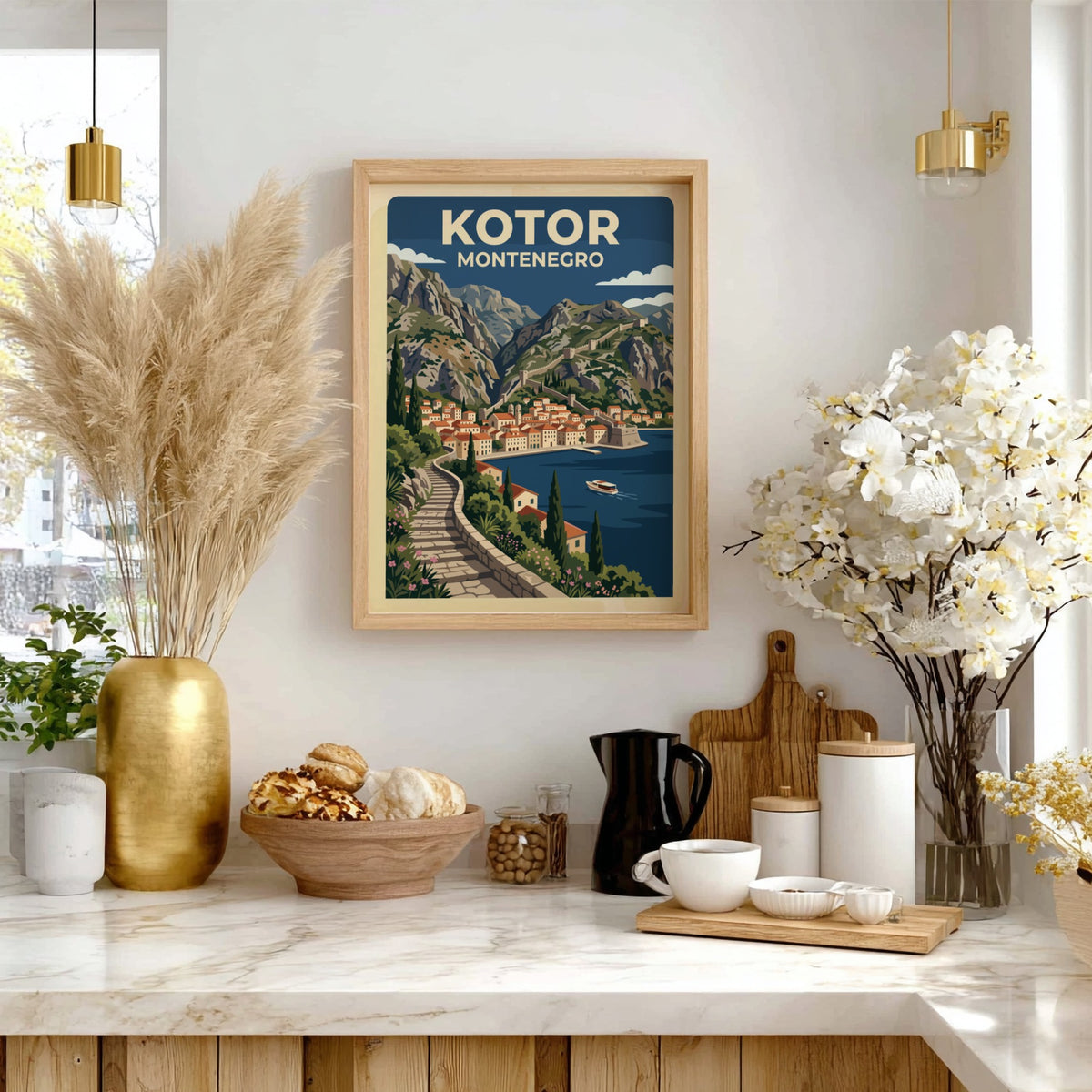 Travel poster of Kotor Montenegro featuring stone stairs, terracotta buildings, mountains, and boats.