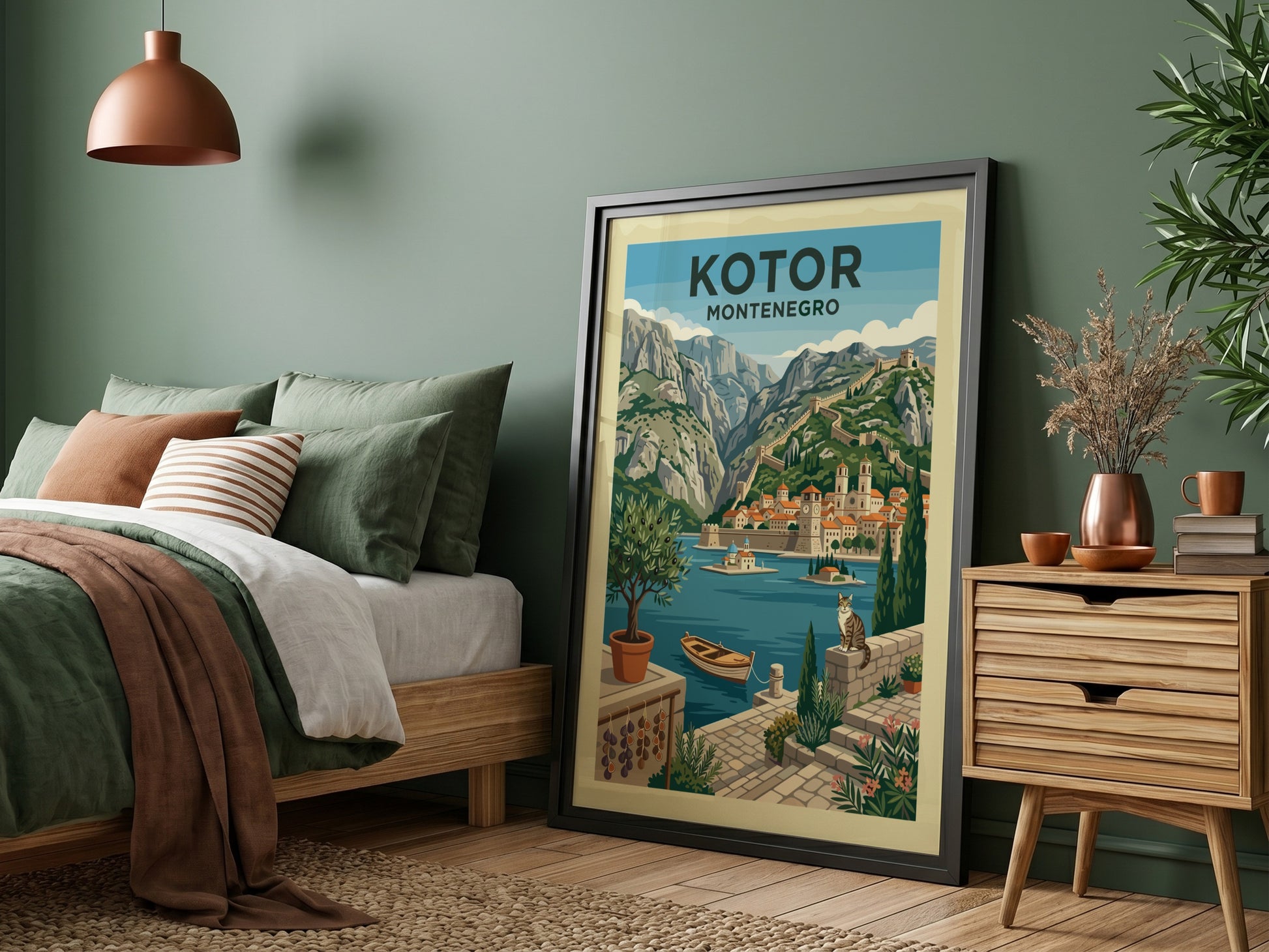 Kotor Montenegro travel poster featuring a stylized illustration of the walled city, mountains, and bay.
