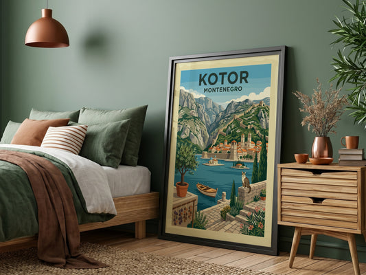 Kotor Montenegro travel poster featuring a stylized illustration of the walled city, mountains, and bay.