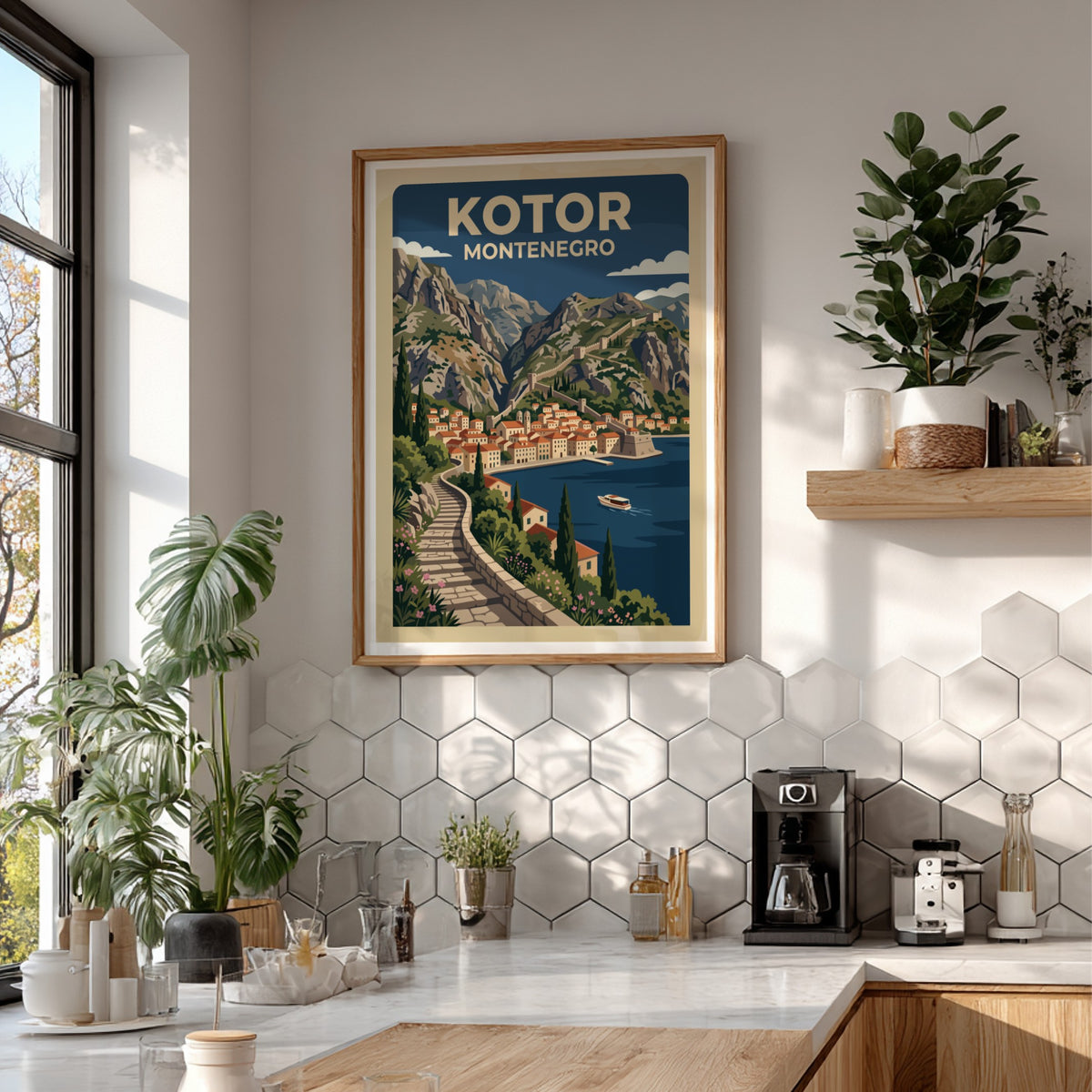 Travel poster of Kotor Montenegro featuring stone stairs, terracotta buildings, mountains, and boats.