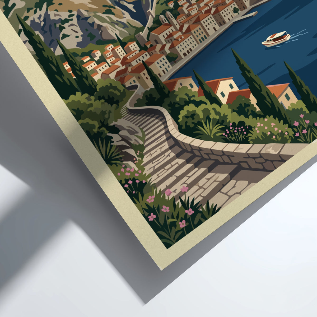 Travel poster of Kotor Montenegro featuring stone stairs, terracotta buildings, mountains, and boats.