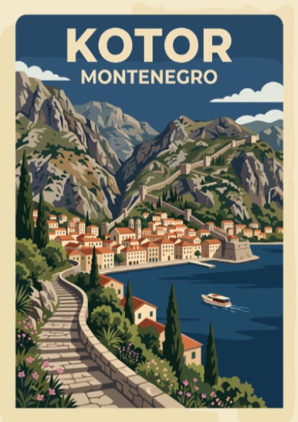 Travel poster of Kotor Montenegro featuring stone stairs, terracotta buildings, mountains, and boats.