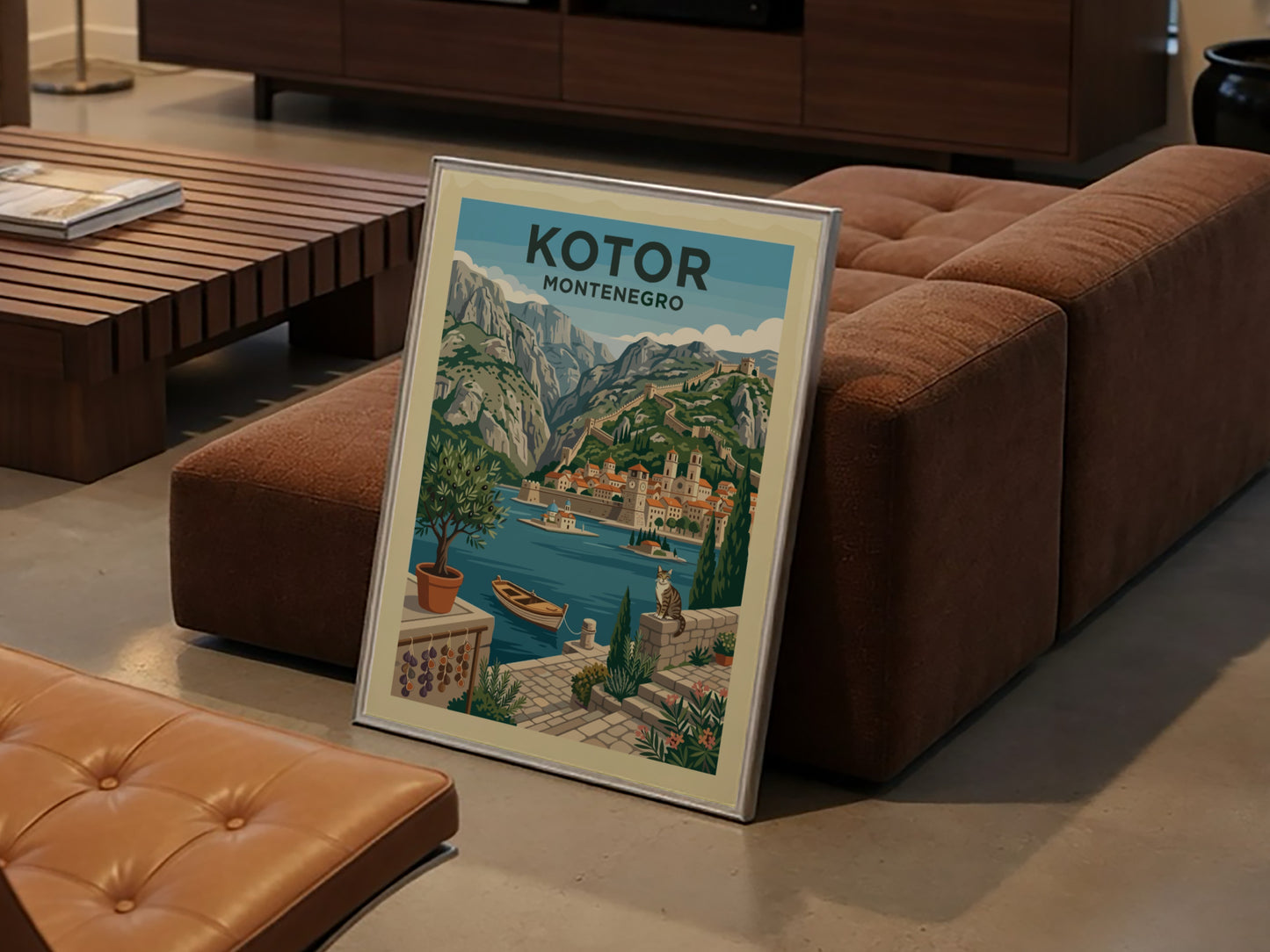 Kotor Montenegro travel poster featuring a stylized illustration of the walled city, mountains, and bay.