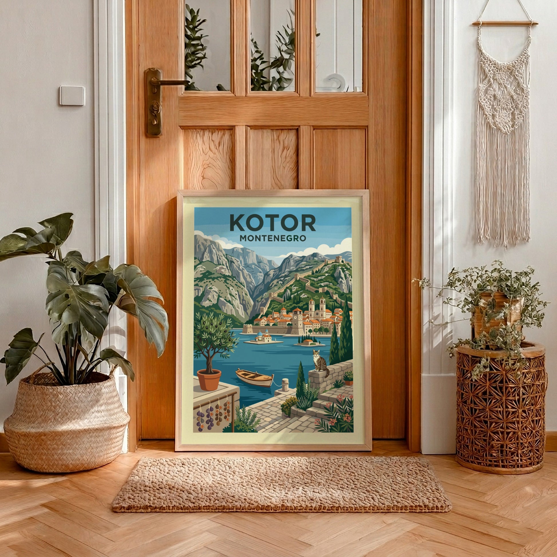 Kotor Montenegro travel poster featuring a stylized illustration of the walled city, mountains, and bay.