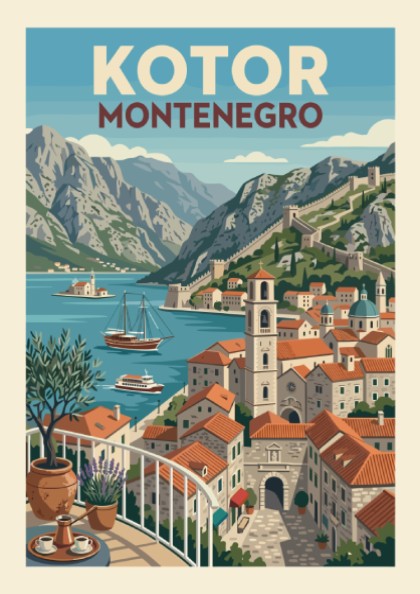 Vintage travel poster of Kotor, Montenegro, featuring the bay, mountains, and old town in a retro style.