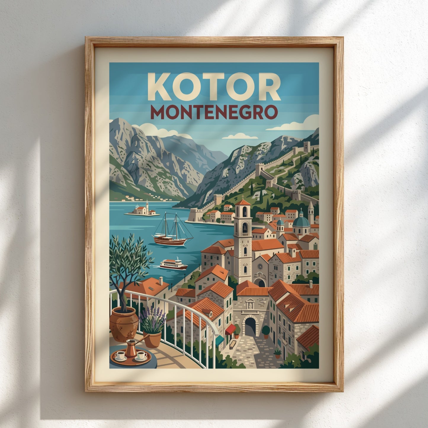 Vintage travel poster of Kotor, Montenegro, featuring the bay, mountains, and old town in a retro style.