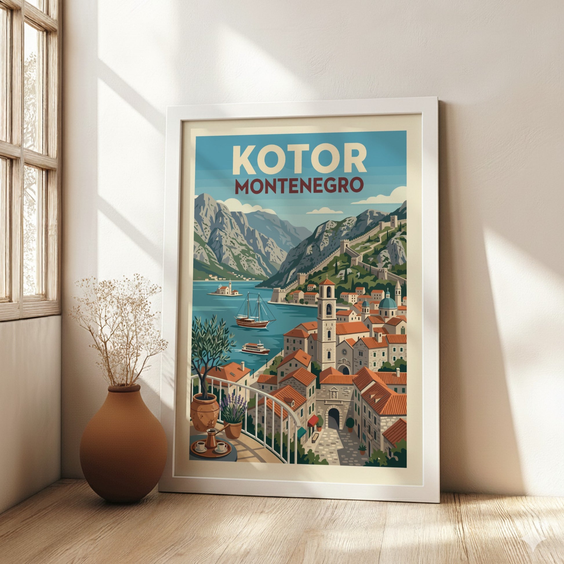 Vintage travel poster of Kotor, Montenegro, featuring the bay, mountains, and old town in a retro style.