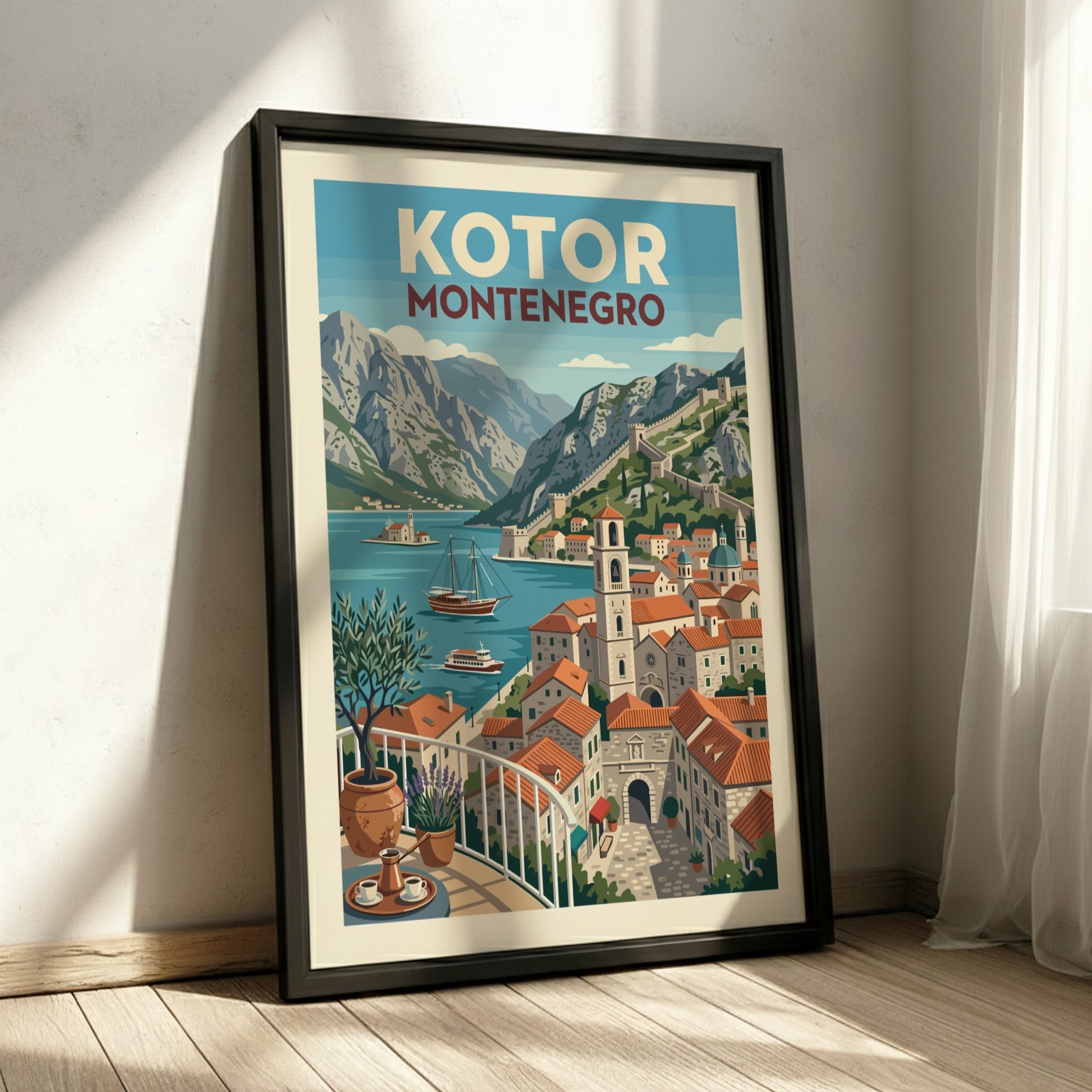 Vintage travel poster of Kotor, Montenegro, featuring the bay, mountains, and old town in a retro style.