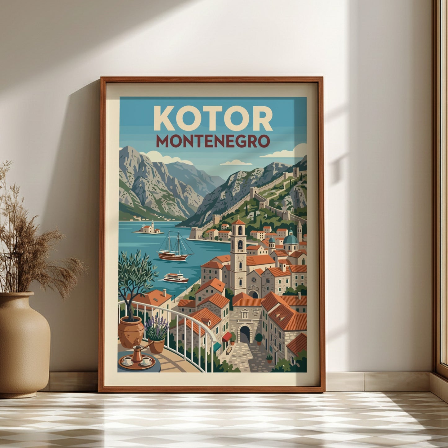 Vintage travel poster of Kotor, Montenegro, featuring the bay, mountains, and old town in a retro style.
