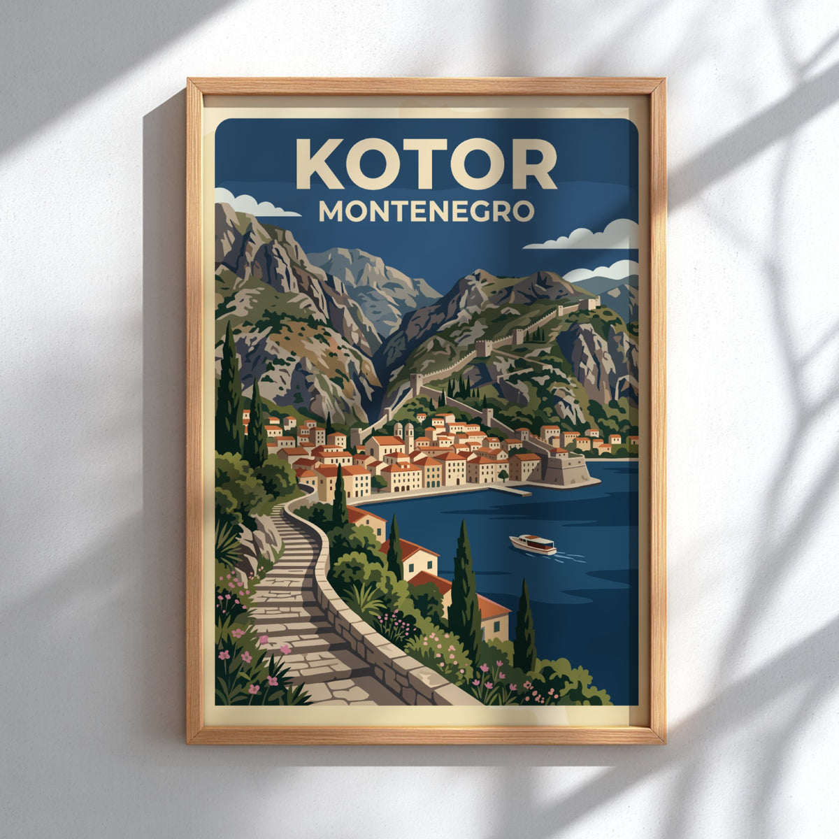 Travel poster of Kotor Montenegro featuring stone stairs, terracotta buildings, mountains, and boats.