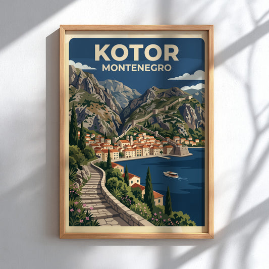 Travel poster of Kotor Montenegro featuring stone stairs, terracotta buildings, mountains, and boats.
