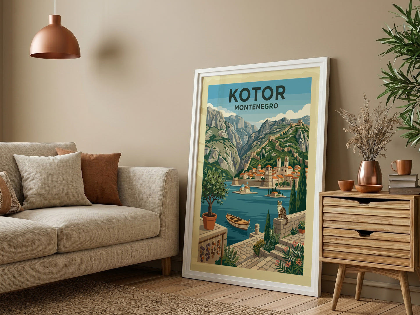 Kotor Montenegro travel poster featuring a stylized illustration of the walled city, mountains, and bay.