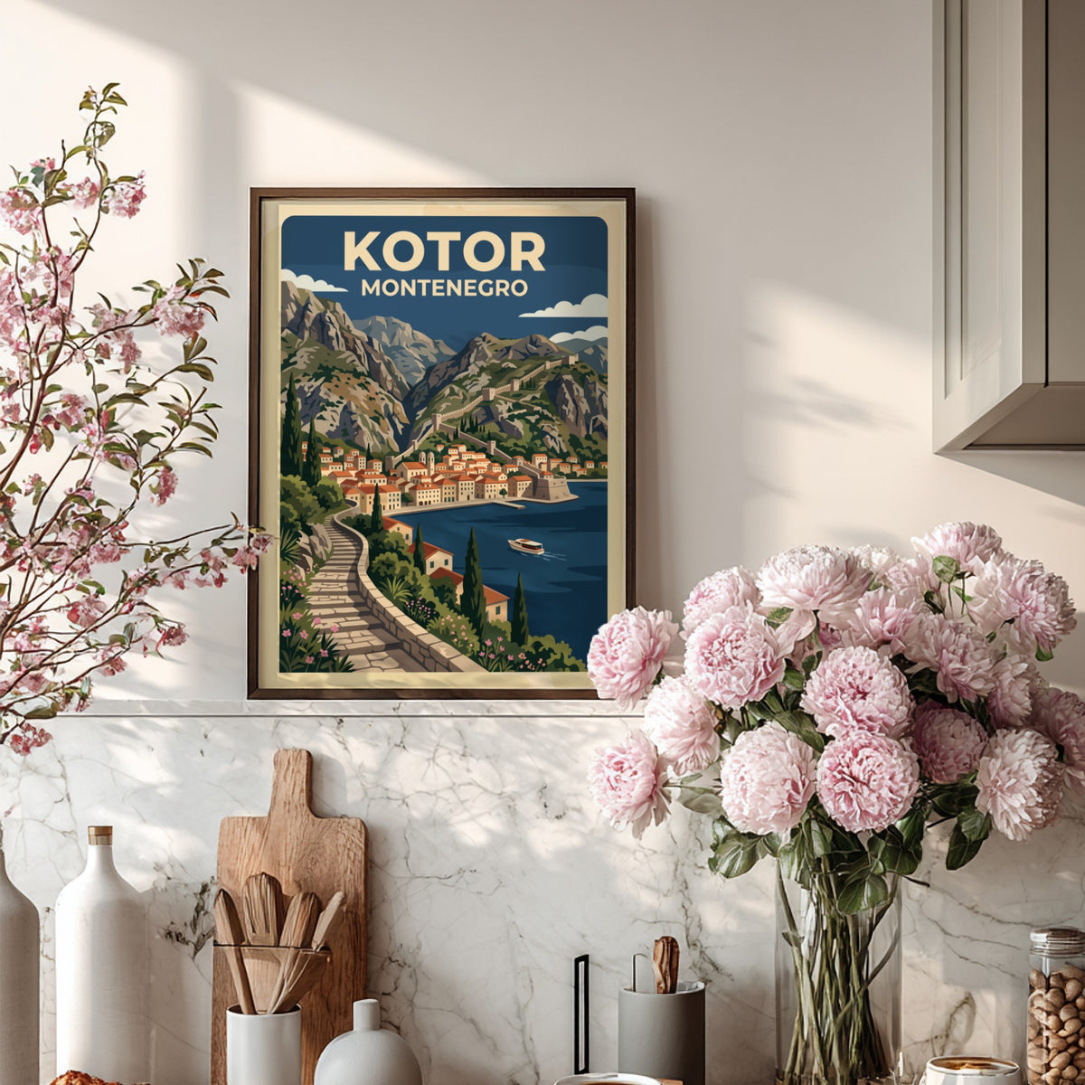 Travel poster of Kotor Montenegro featuring stone stairs, terracotta buildings, mountains, and boats.