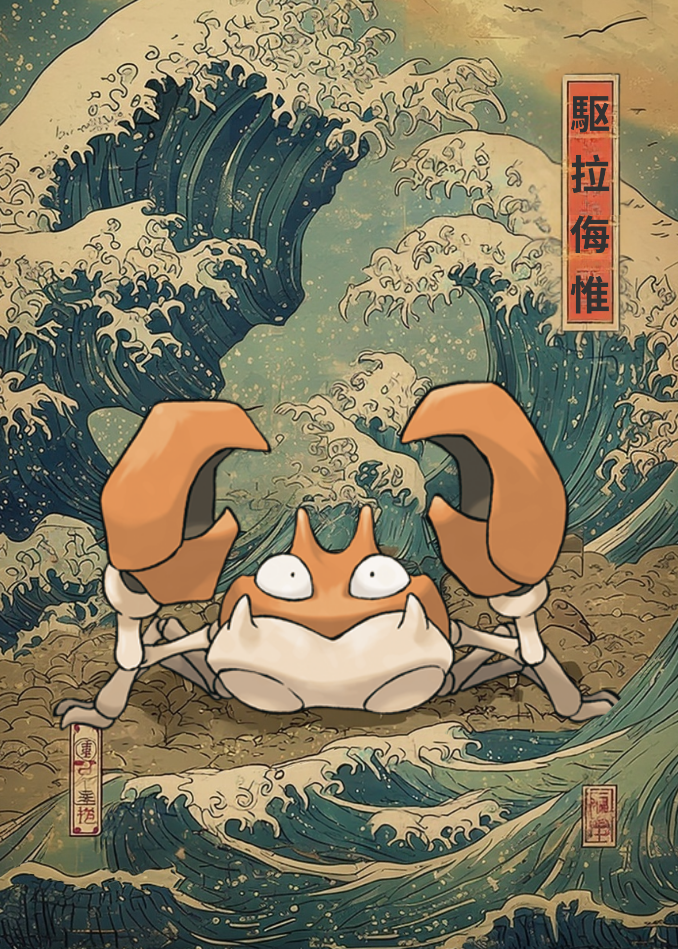 Krabby Pokemon in a wave with Japanese text, inspired by 'The Great Wave off Kanagawa'.