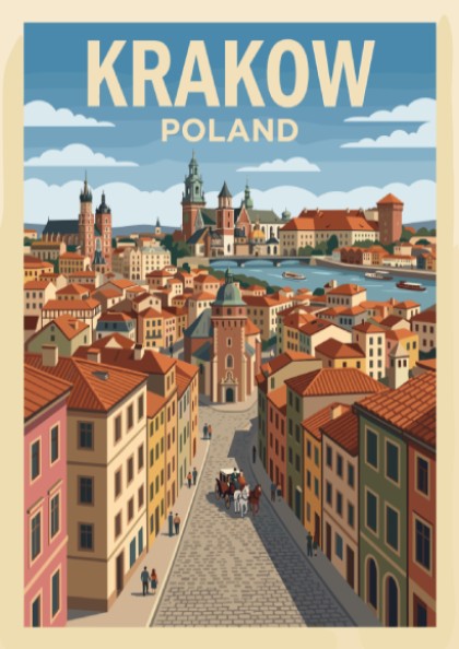 Krakow Poland travel poster featuring a cobblestone street leading to a historic riverfront skyline.