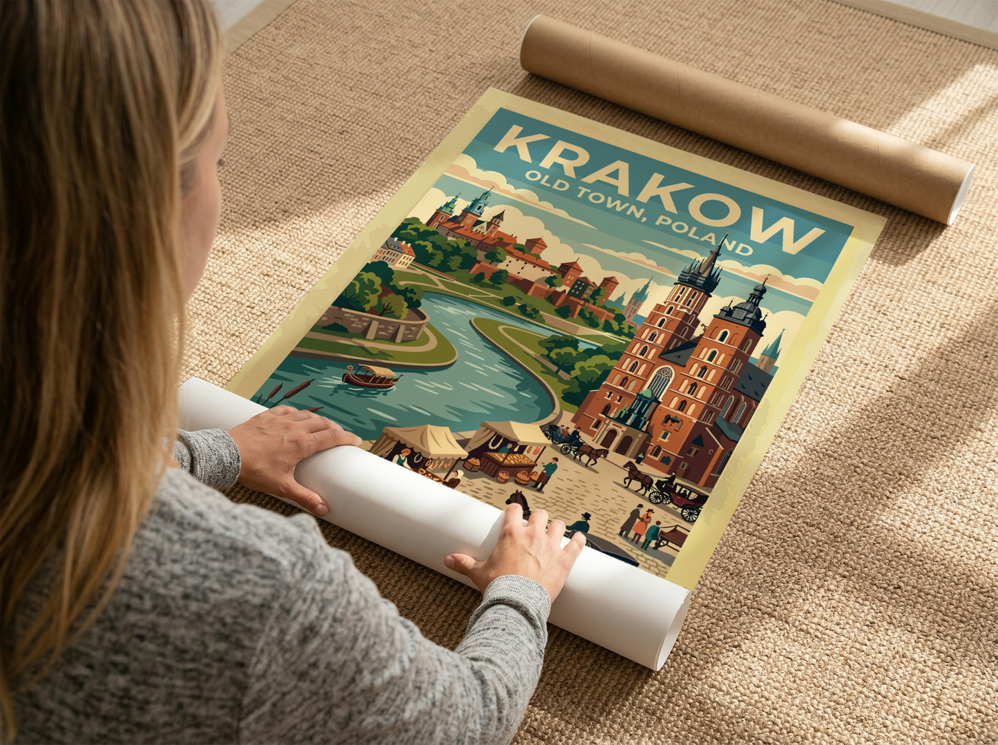 Travel poster of Krakow Old Town, Poland, featuring a river, historic buildings, and carriages.