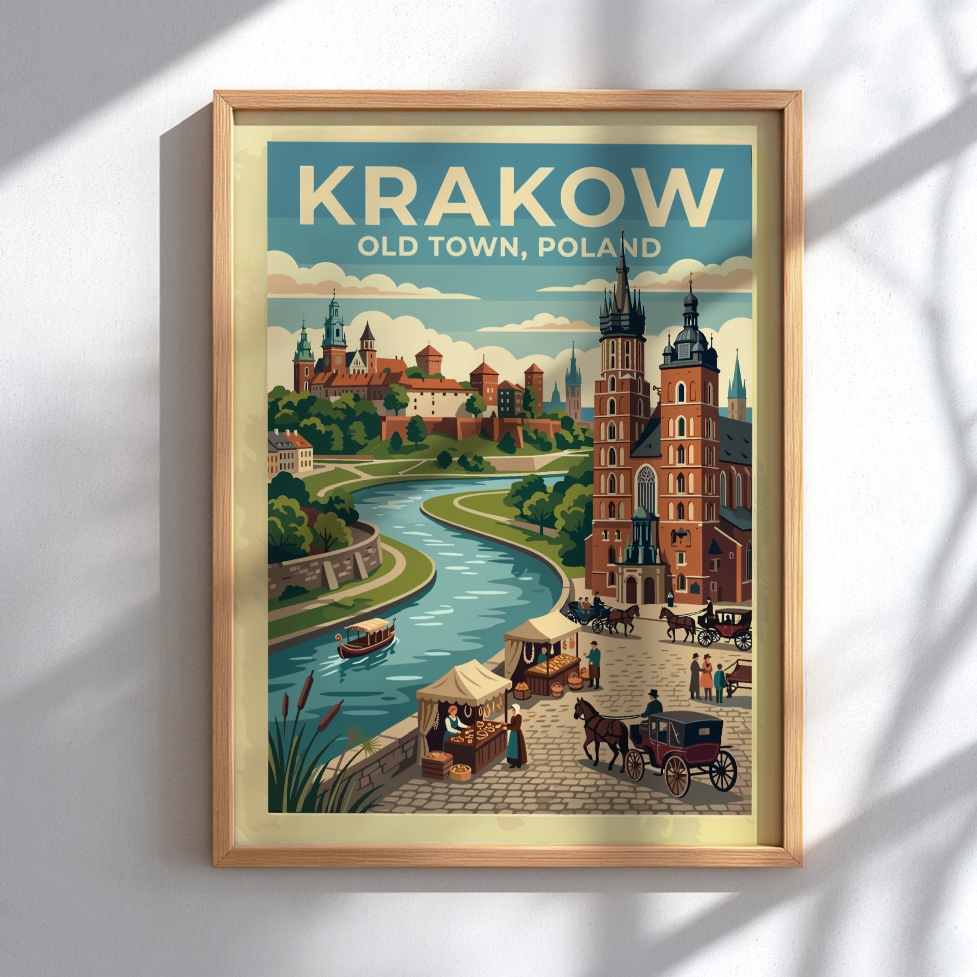 Travel poster of Krakow Old Town, Poland, featuring a river, historic buildings, and carriages.