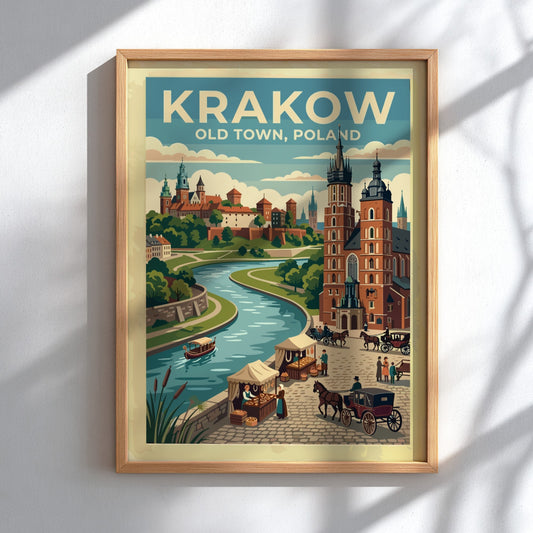 Travel poster of Krakow Old Town, Poland, featuring a river, historic buildings, and carriages.